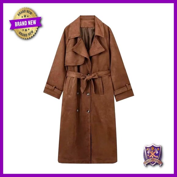 Jackets & Blazers - Faux Suede Trench Coat Double Breasted Belted Pea Coat Elegant Classic Chic